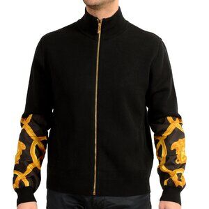 Versace Men's Black & Gold Barocco Wool Knitted Full Zip Sweater US M IT 50